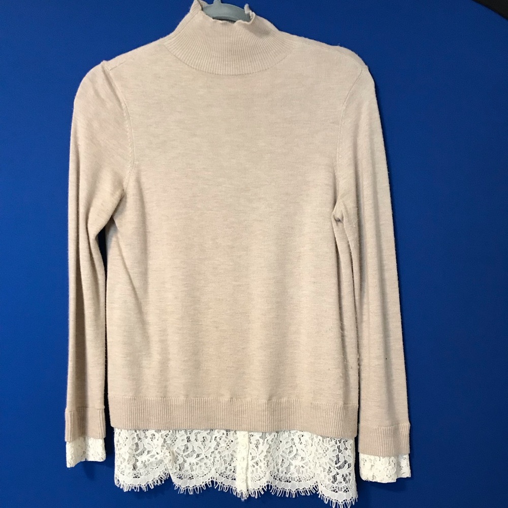 Joie Fredrika Top Tunic Mock Neck Sweater Beige With White Lace Trim Size XS
